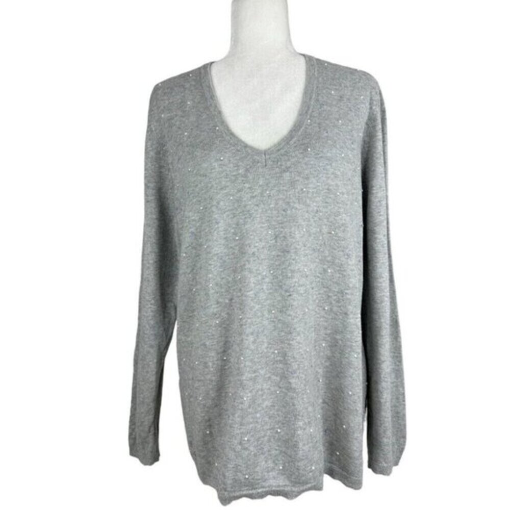 Tommy Hilfiger Womens XL Gray V-Neck Beaded Pearl Embellished Cotton Sweater